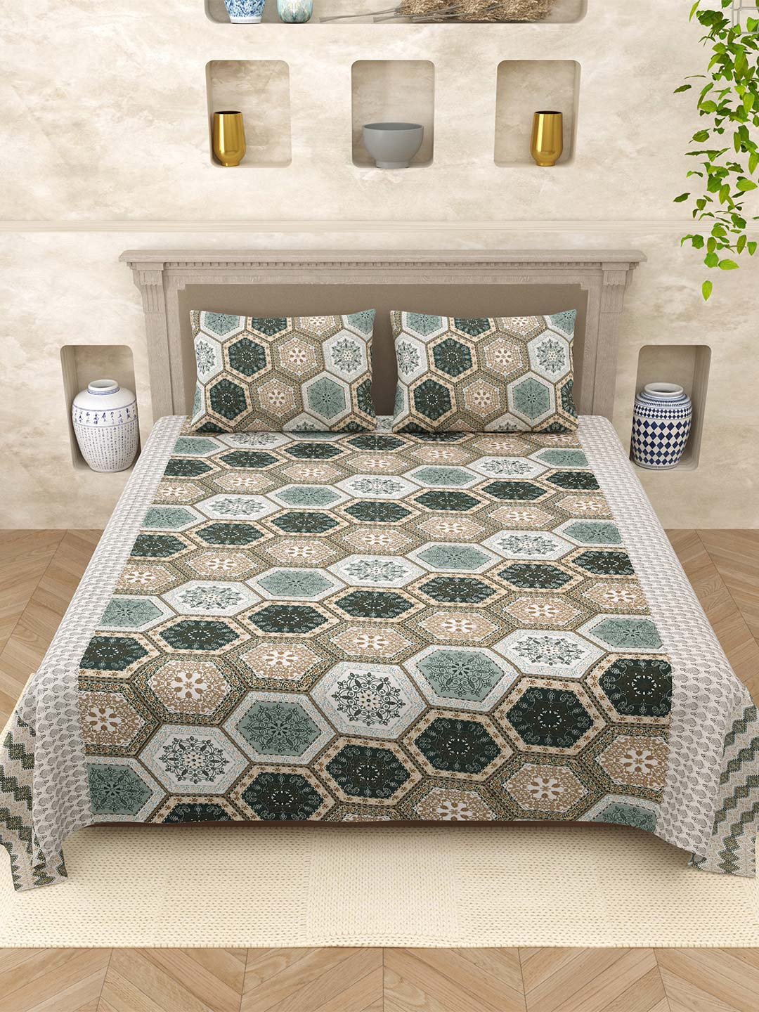 

Varde Elegant Selection Olive Green Pure Cotton 210 TC Queen Bedsheet Set 2.20m x 2.65m