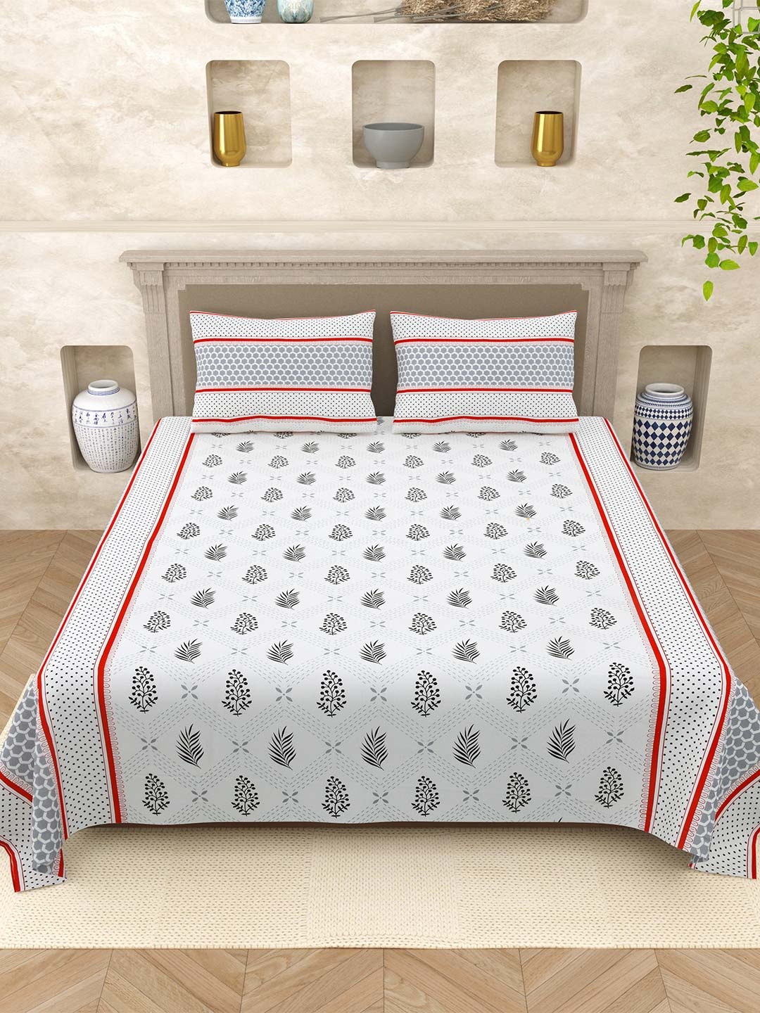 

Varde Elegant Selection Grey Floral Pure Cotton 210 TC Queen Bedsheet Set 2.50m x 2.25m