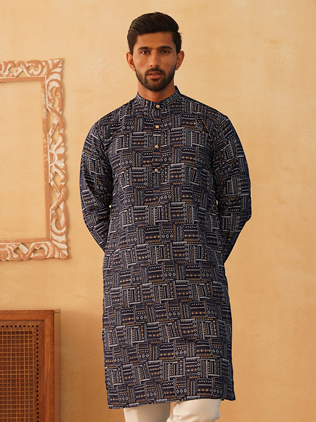 

Jompers Geometric Printed Cotton Straight Kurta, Navy blue