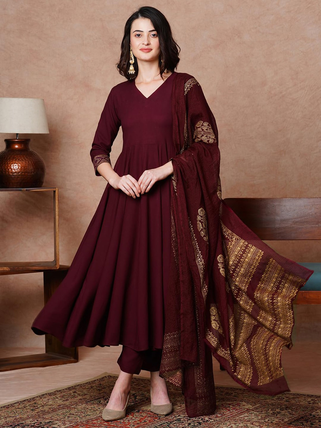 

Anni Designer V Neck Anarkali Kurta with Trousers & Dupatta, Maroon