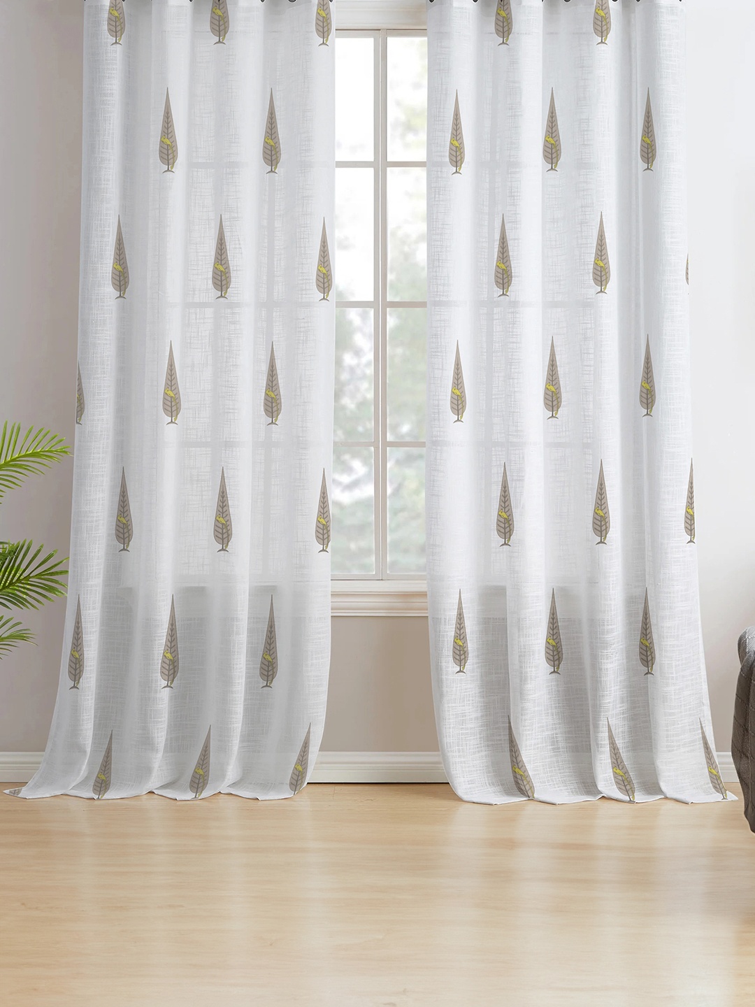 

Tranquebar Home Yellow & White 2 Pieces Ethnic Motifs Sheer Window Curtains