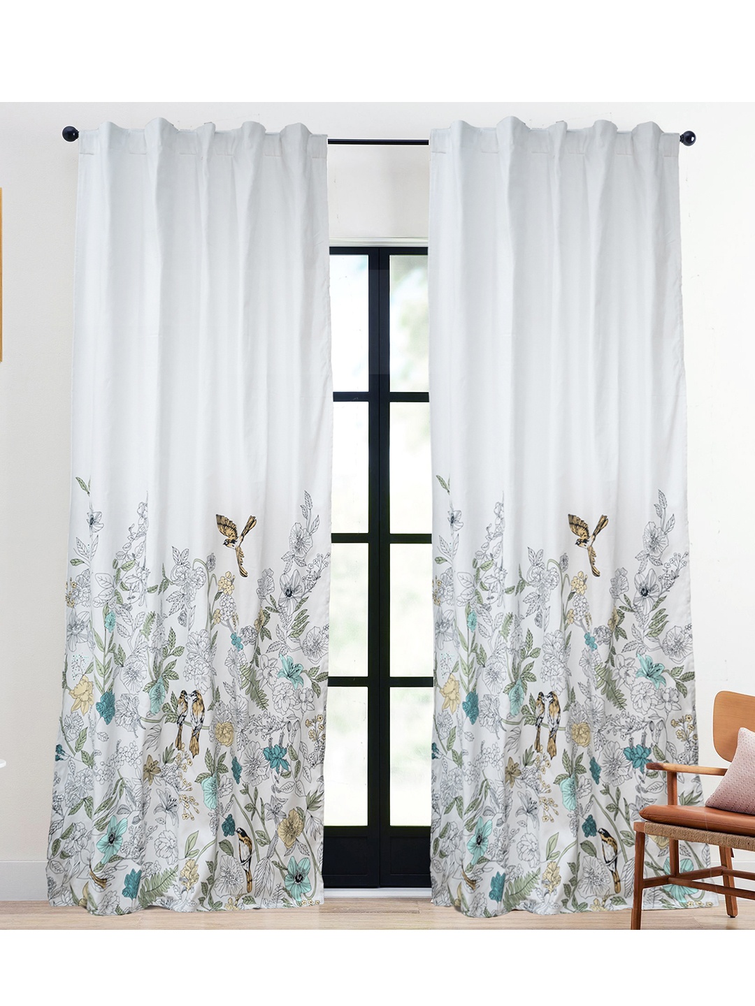 

Tranquebar Home Yellow & White 2 Pieces Floral Cotton Room Darkening Door Curtains