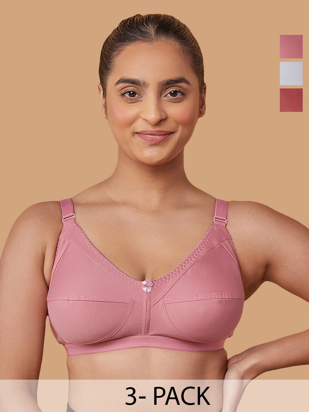 

MAASHIE Women Pack of 3 Full Coverage Non-Padded Non-Wired Everyday Minimizer Bra, Pink