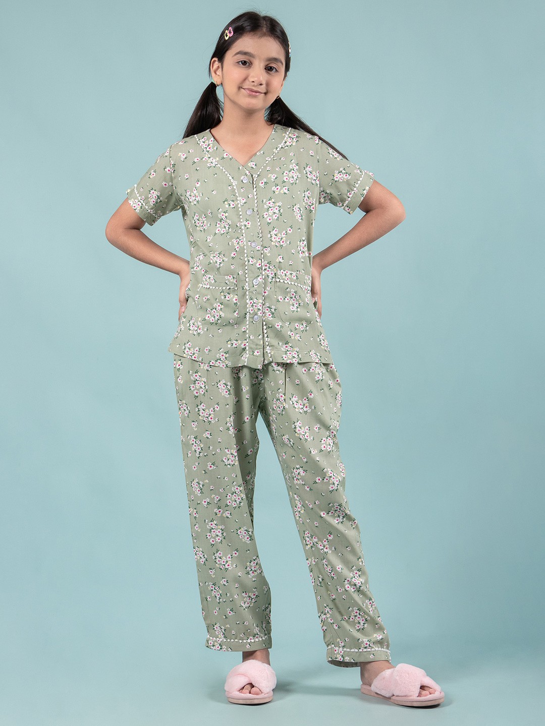 

TWEENY MINI Girls Short Sleeves Printed Night suit, Green