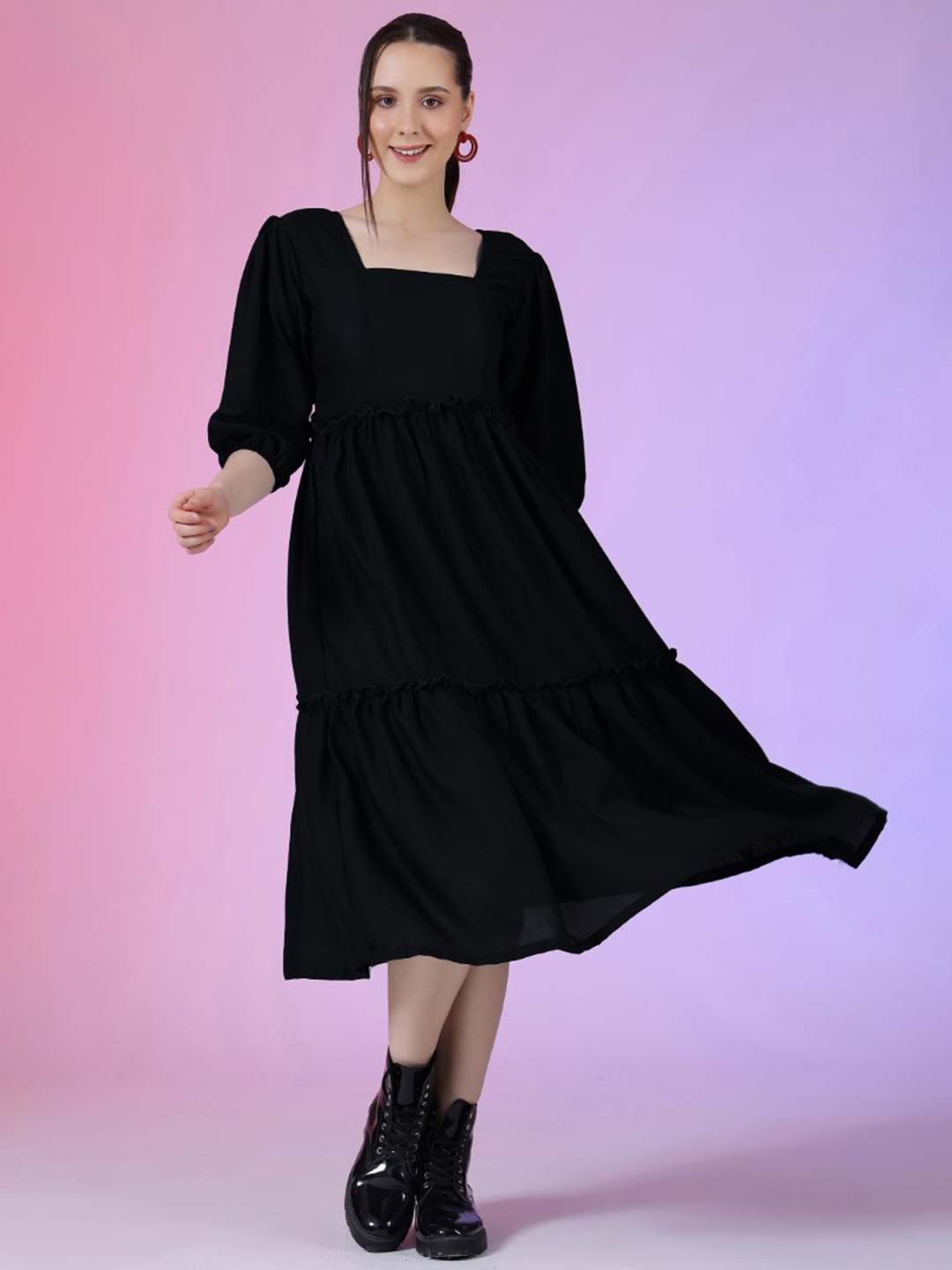 

Raiyani Enterprise Women Puff Sleeve Fit & Flare Dress, Black