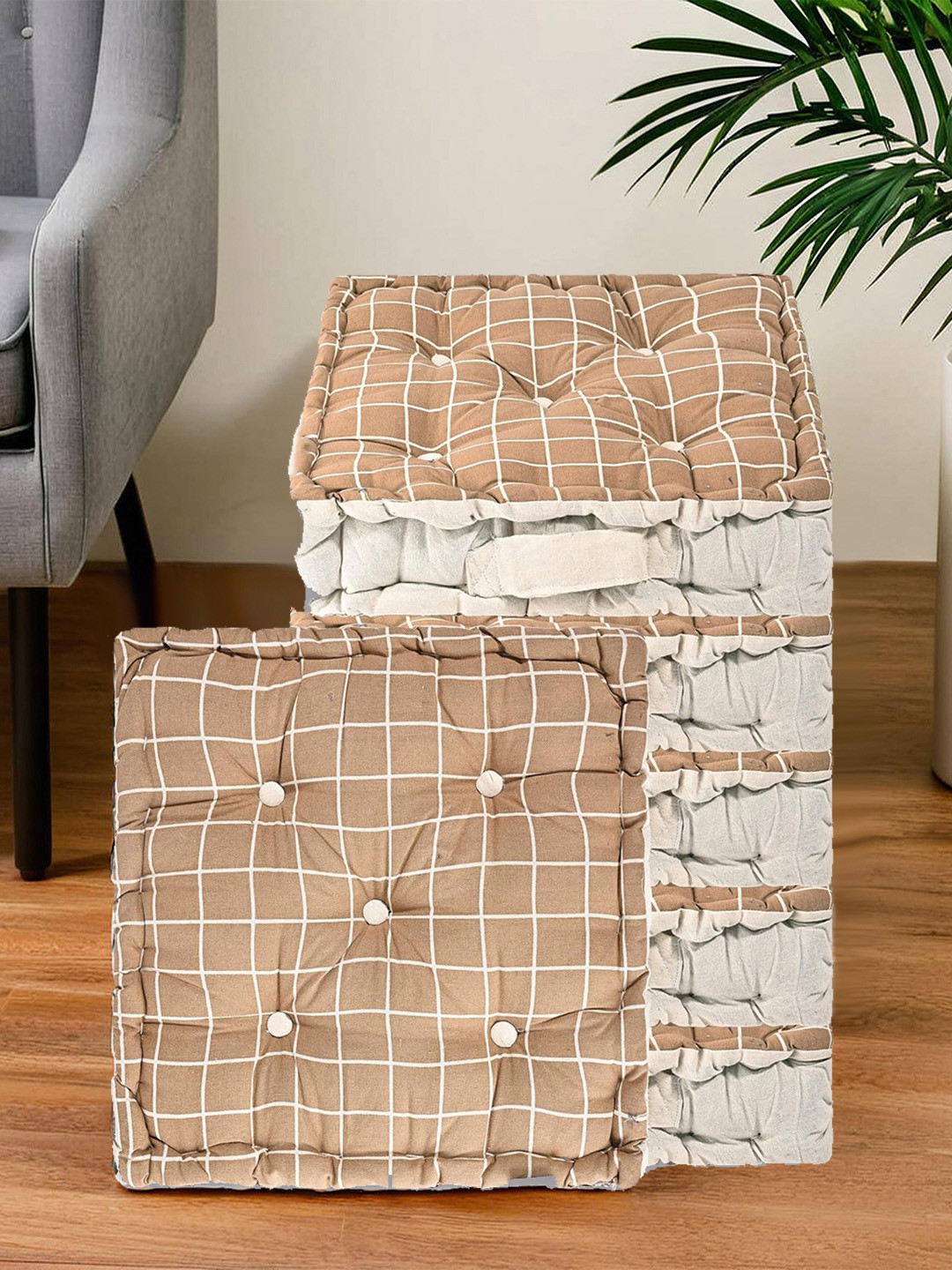 

Kuber Industries Brown 6 Pieces Checked Cotton Chair Pads