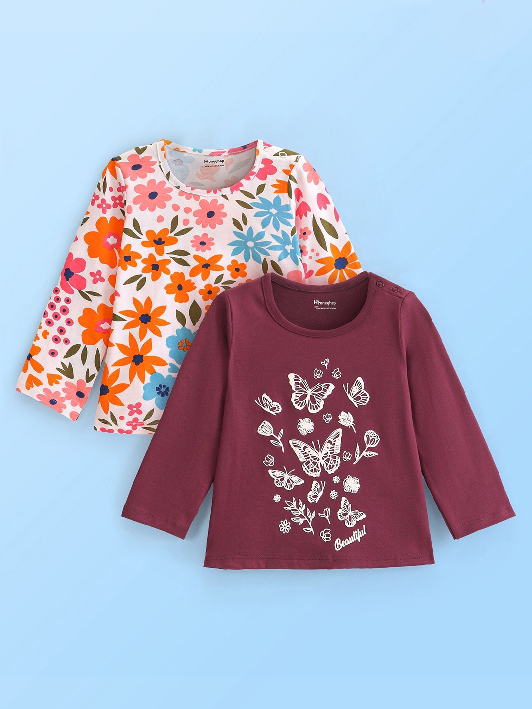 

Honeyhap Girls Pack Of 2 Floral Printed Hood Cotton T-shirts, Maroon