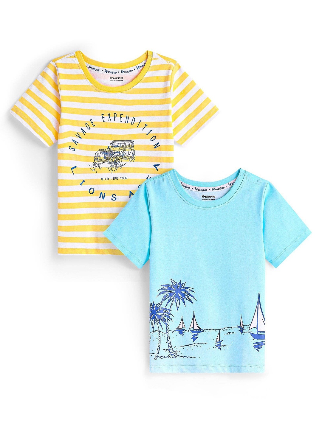 

Honeyhap Boys Pack Of 2 Striped High Neck Cotton T-shirts, Blue