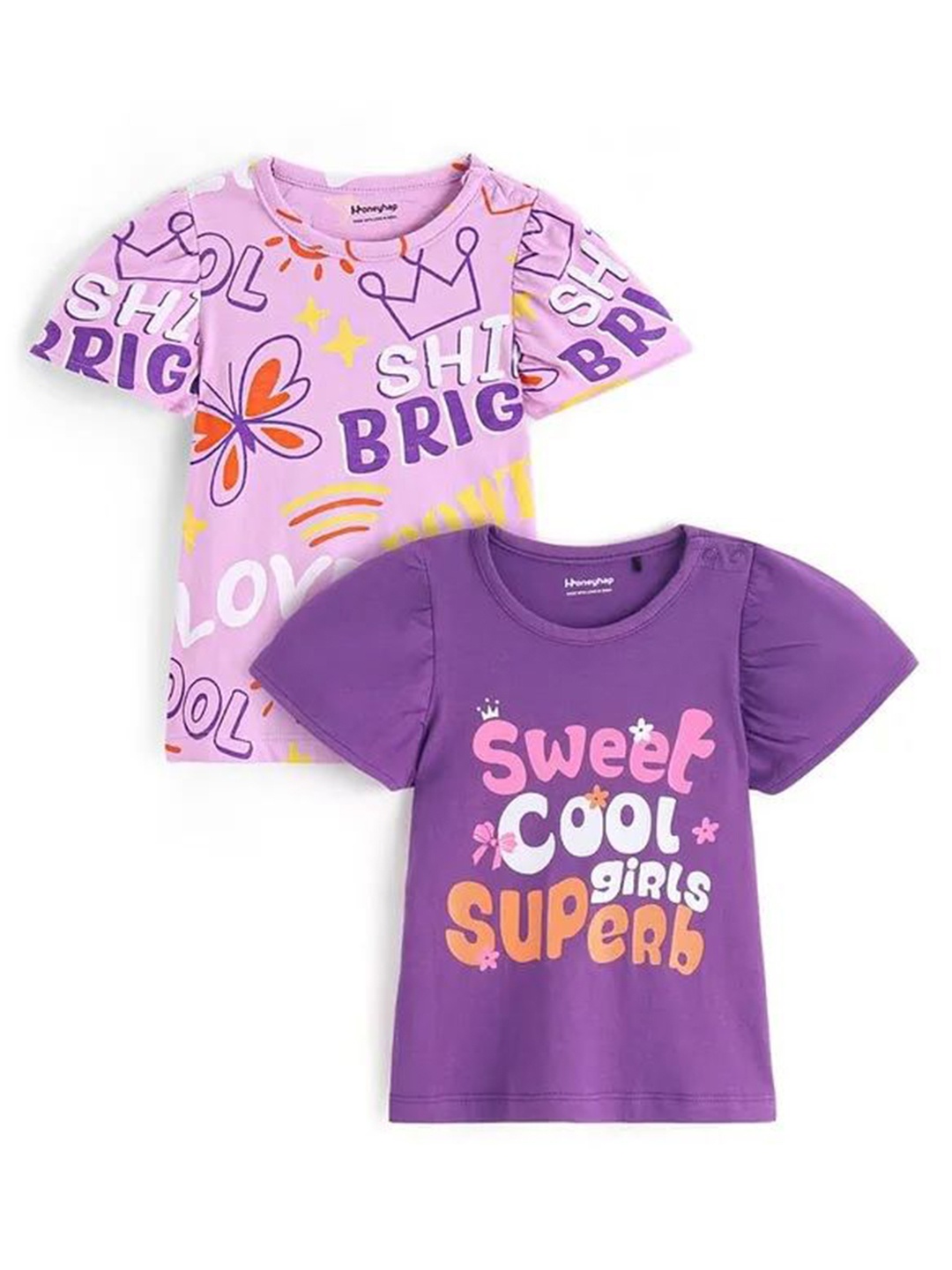 

Honeyhap Girls Pack Of 2 Typography Printed Hood Cotton T-shirts, Purple