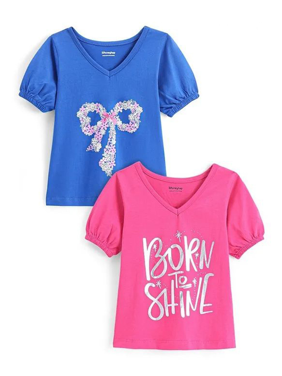 

Honeyhap Girls Pack Of 2 Typography Printed Pure Cotton T-shirt, Pink