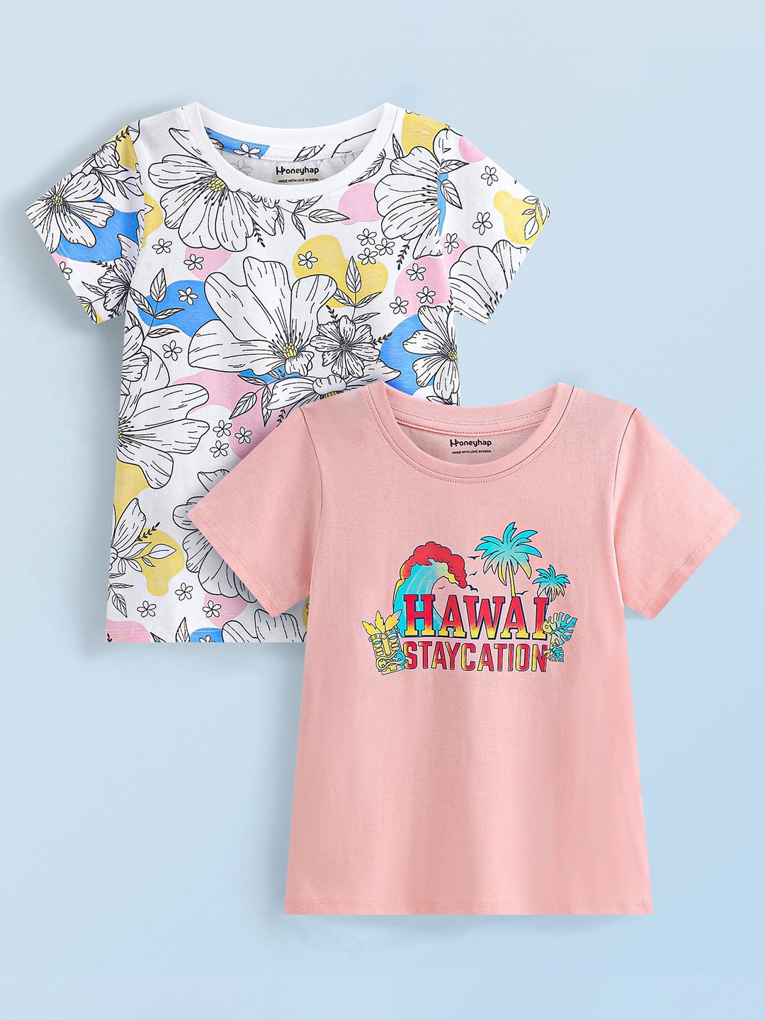 

Honeyhap Girls Pack Of 2 Floral Printed Round Neck Cotton T-shirts, White