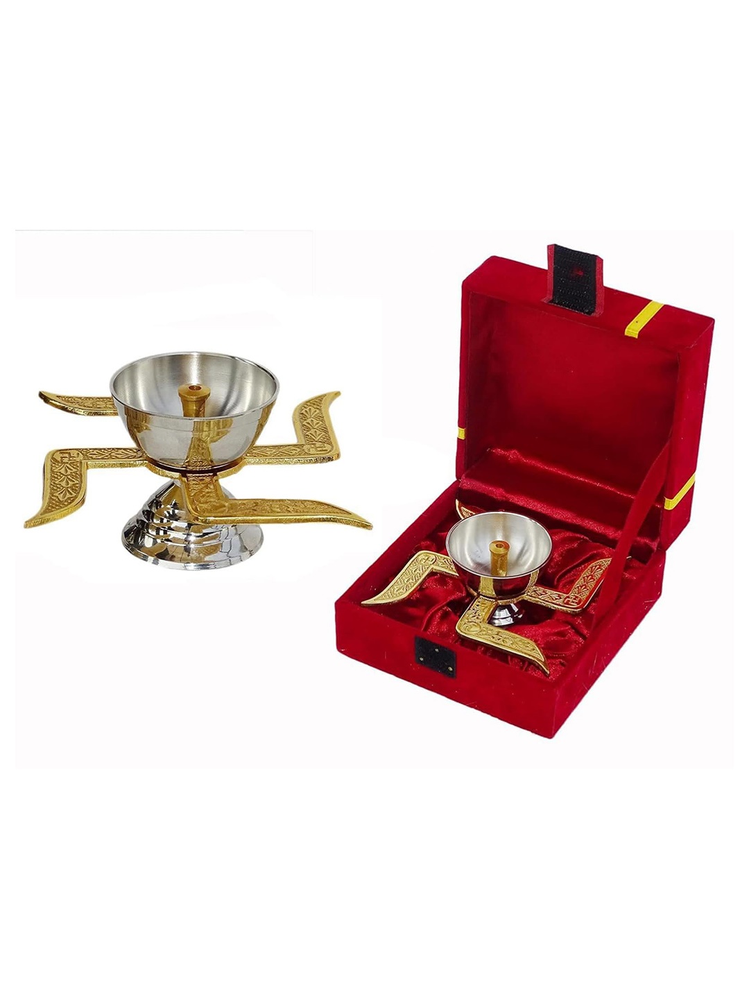 

Extreme Karigari Brass Swastik Diya With Royal Velvet Box, Gold