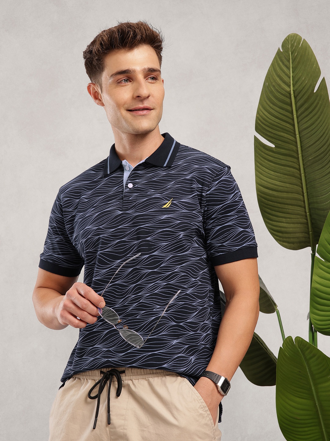 

Nautica Geometric Printed Polo Collar Pure Cotton T-shirt, Navy blue