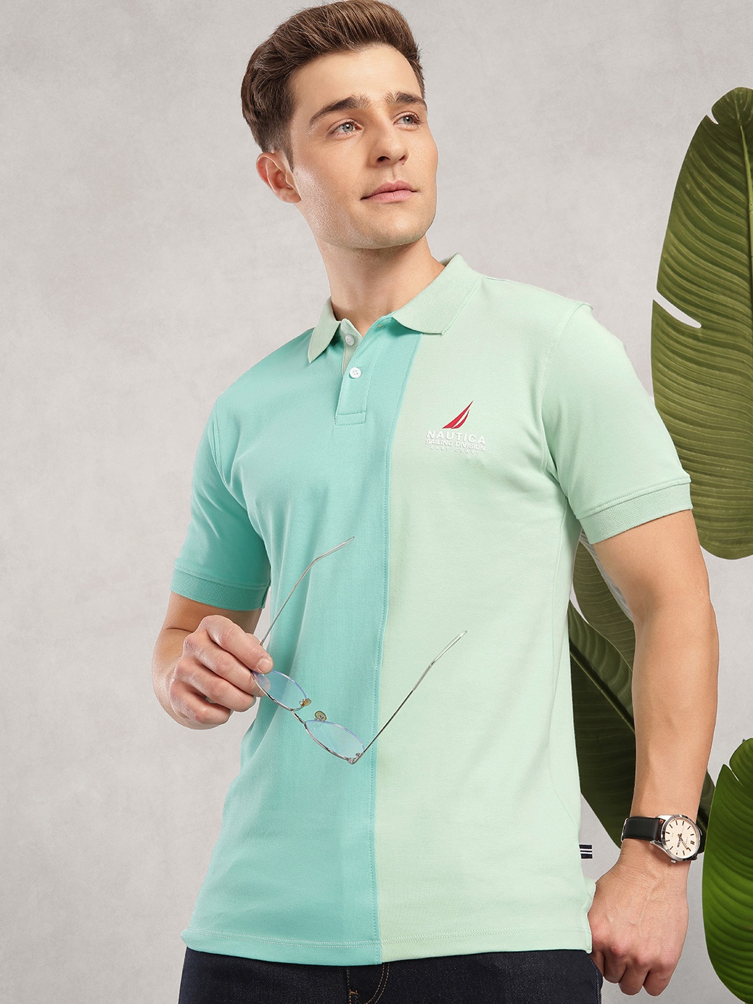 

Nautica Colourblocked Polo Collar Pure Cotton T-shirt, Blue