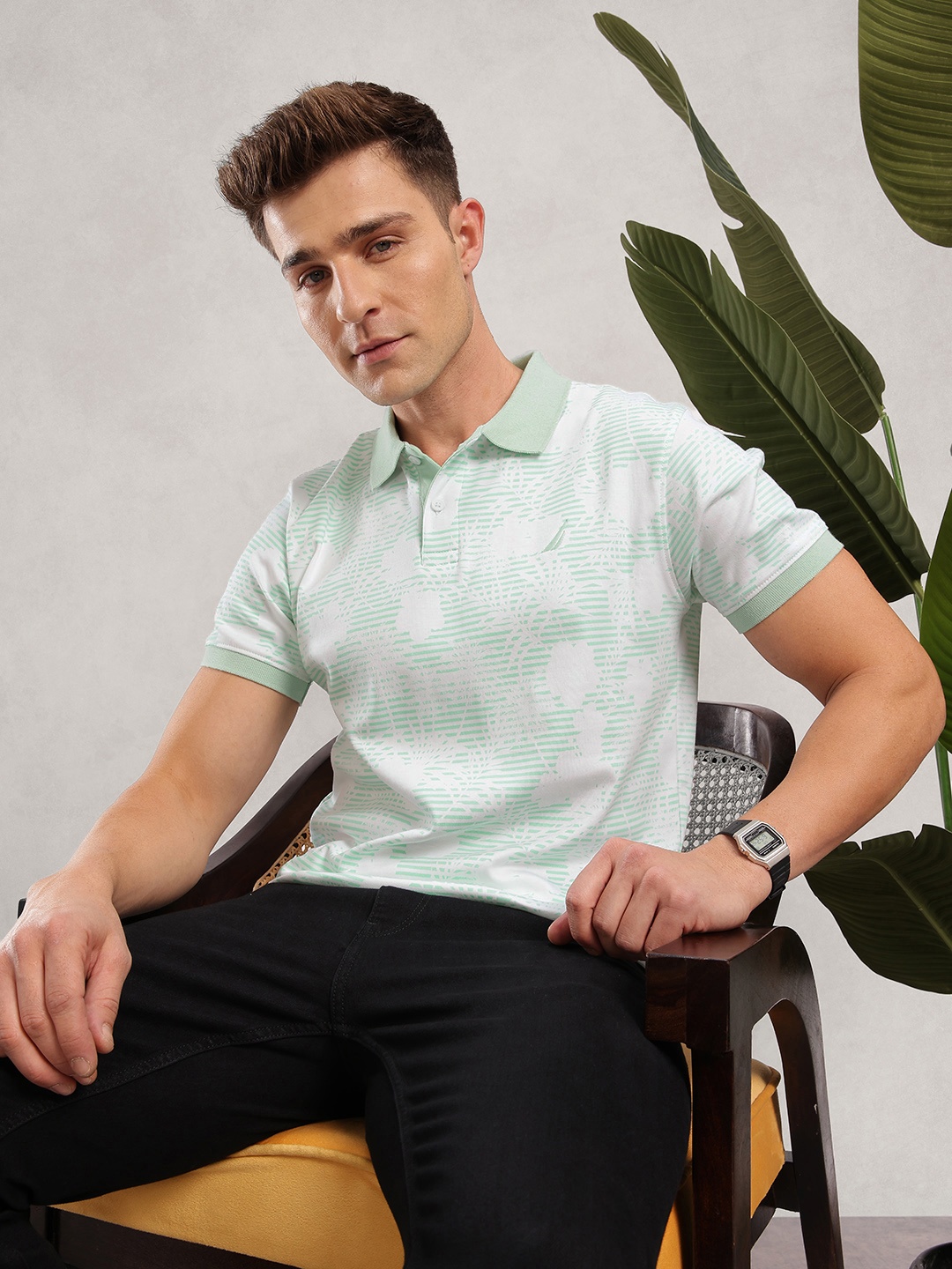 

Nautica Tropical Printed Polo Collar Pure Cotton T-shirt, White