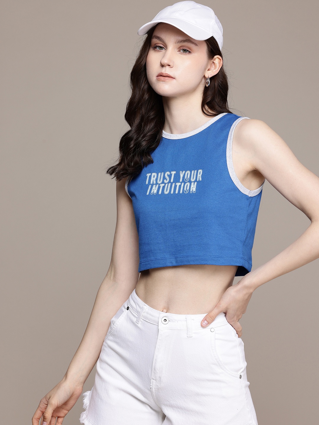 

The Roadster Life Co. Typography Printed Slim Fit Crop T-shirt, Blue