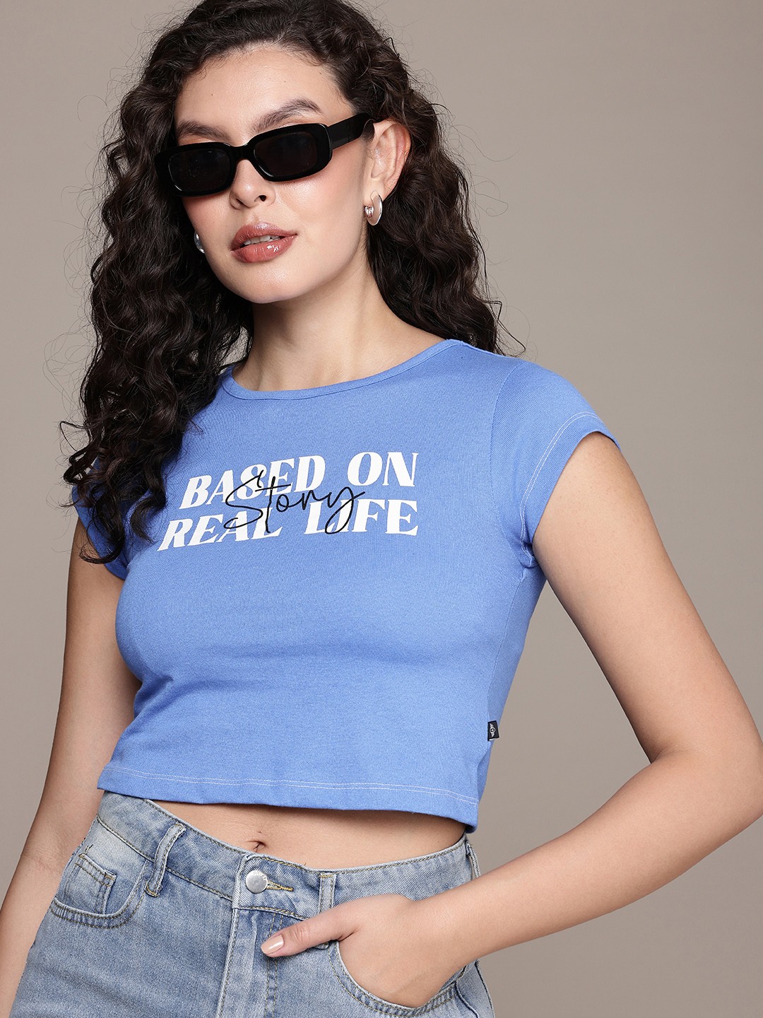 

The Roadster Life Co. Typography Printed Slim Fit Crop T-shirt, Blue