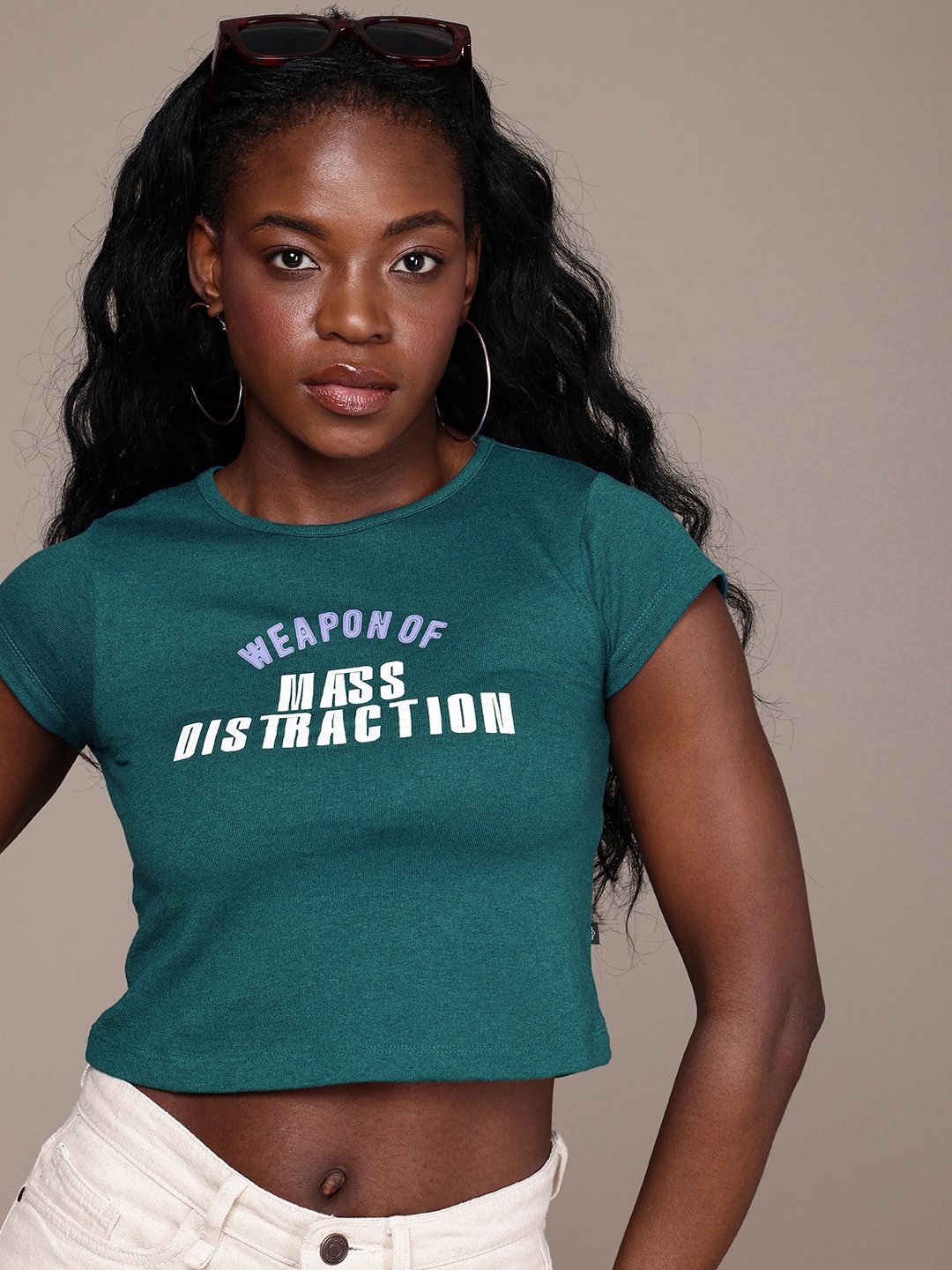 

The Roadster Life Co. Typography Printed Slim Fit Crop T-shirt, Teal