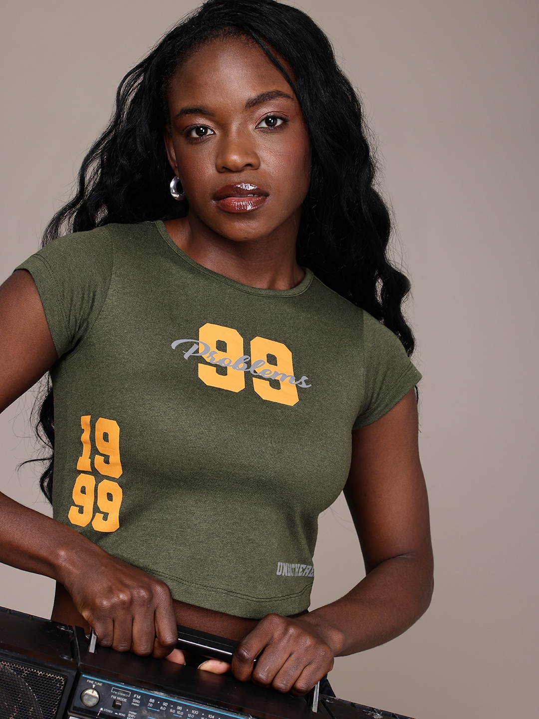 

The Roadster Life Co. Varsity Printed Slim Fit Crop T-shirt, Olive