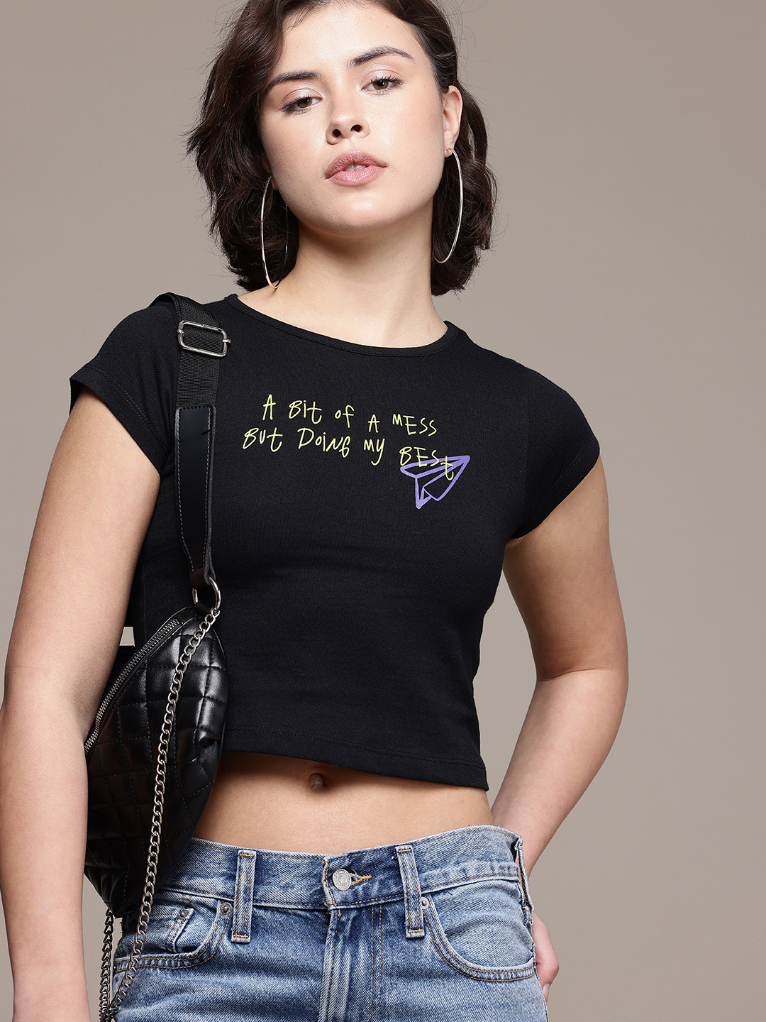 

The Roadster Life Co. Typography Printed Slim Fit Crop T-shirt, Black