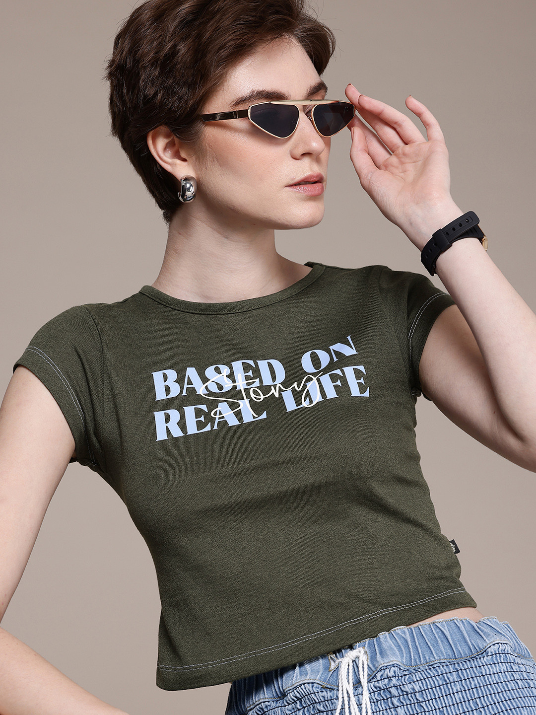 

The Roadster Life Co. Typography Printed Slim Fit Crop T-shirt, Olive