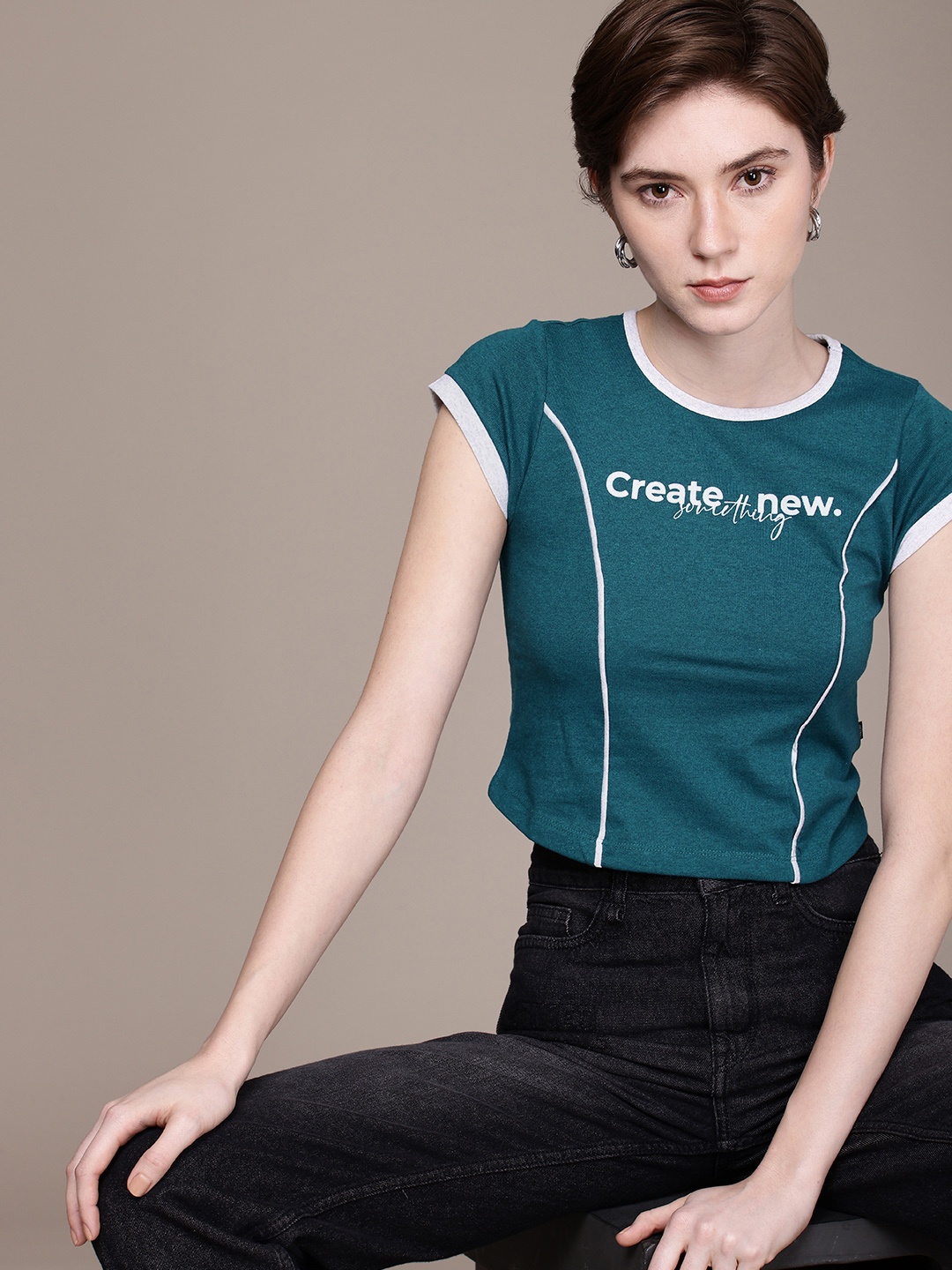 

The Roadster Life Co. Typography Printed Slim Fit Crop T-shirt, Teal