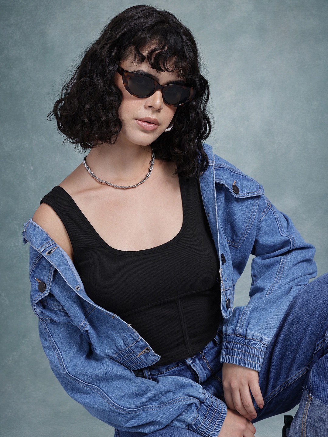 

The Roadster Life Co. Ribbed Scoop Neck Corset-Style Crop Tank Top, Black