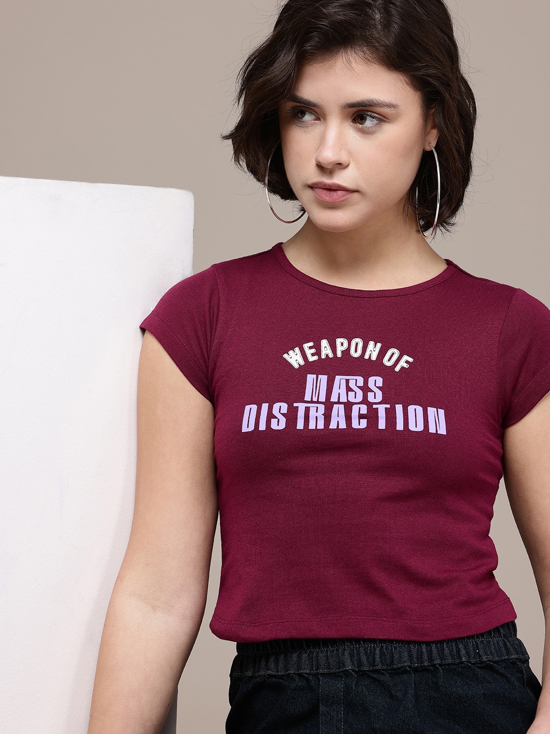 

The Roadster Life Co. Typography Printed Cap Sleeves Slim Fit T-shirt, Maroon