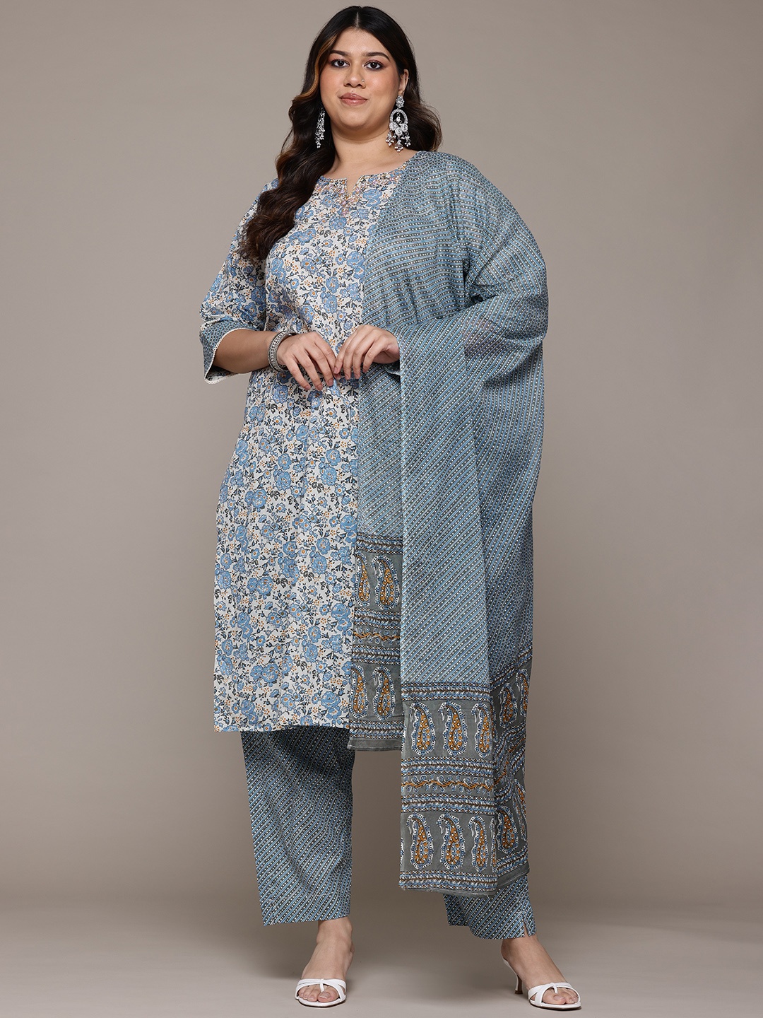 

Readiprint Plus Size Floral Printed Thread Work Pure Cotton Kurta Set, Blue