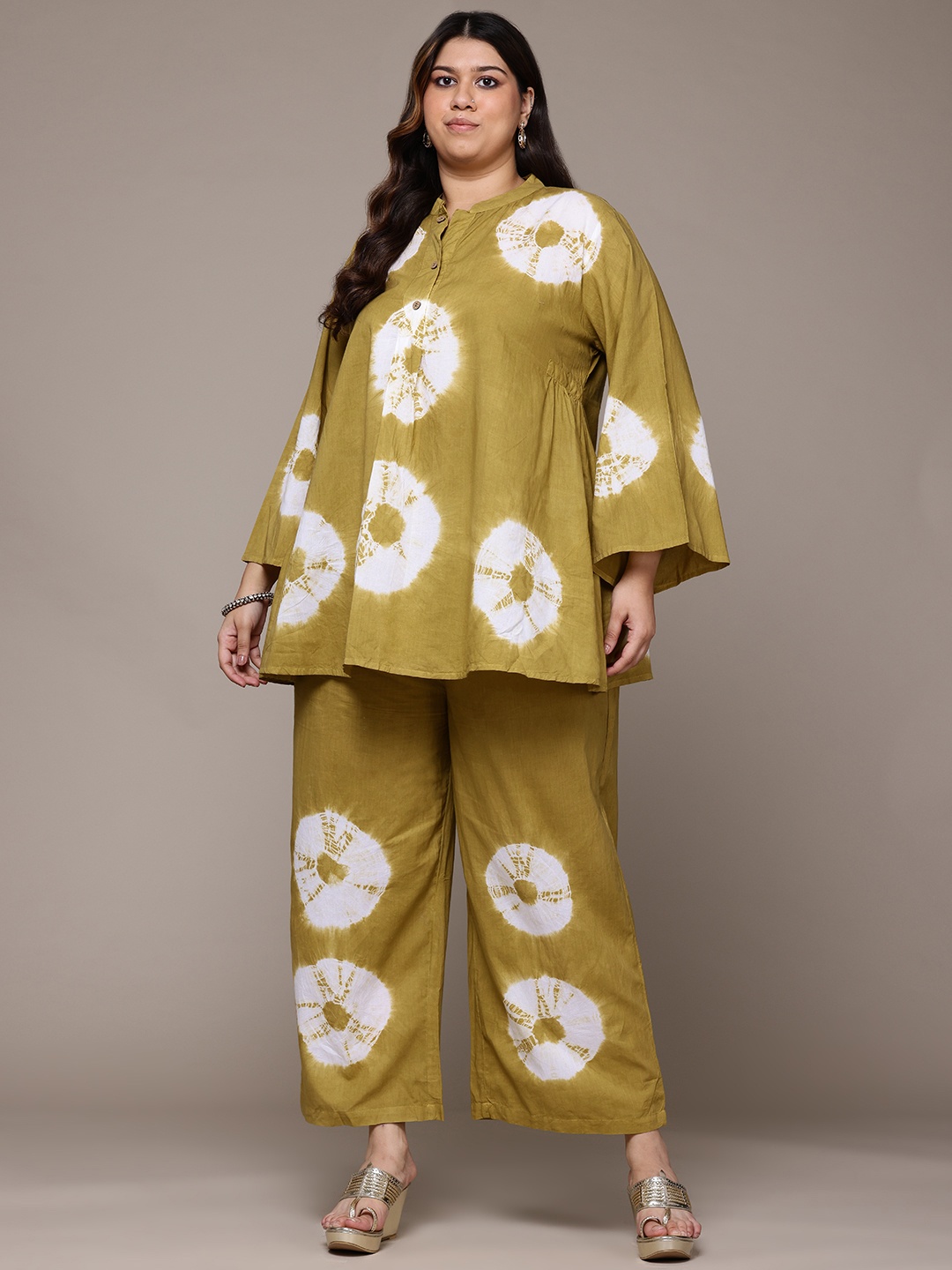 

Readiprint Plus Size Tie & Dye Dyed Pure Cotton Top With Palazzos, Olive