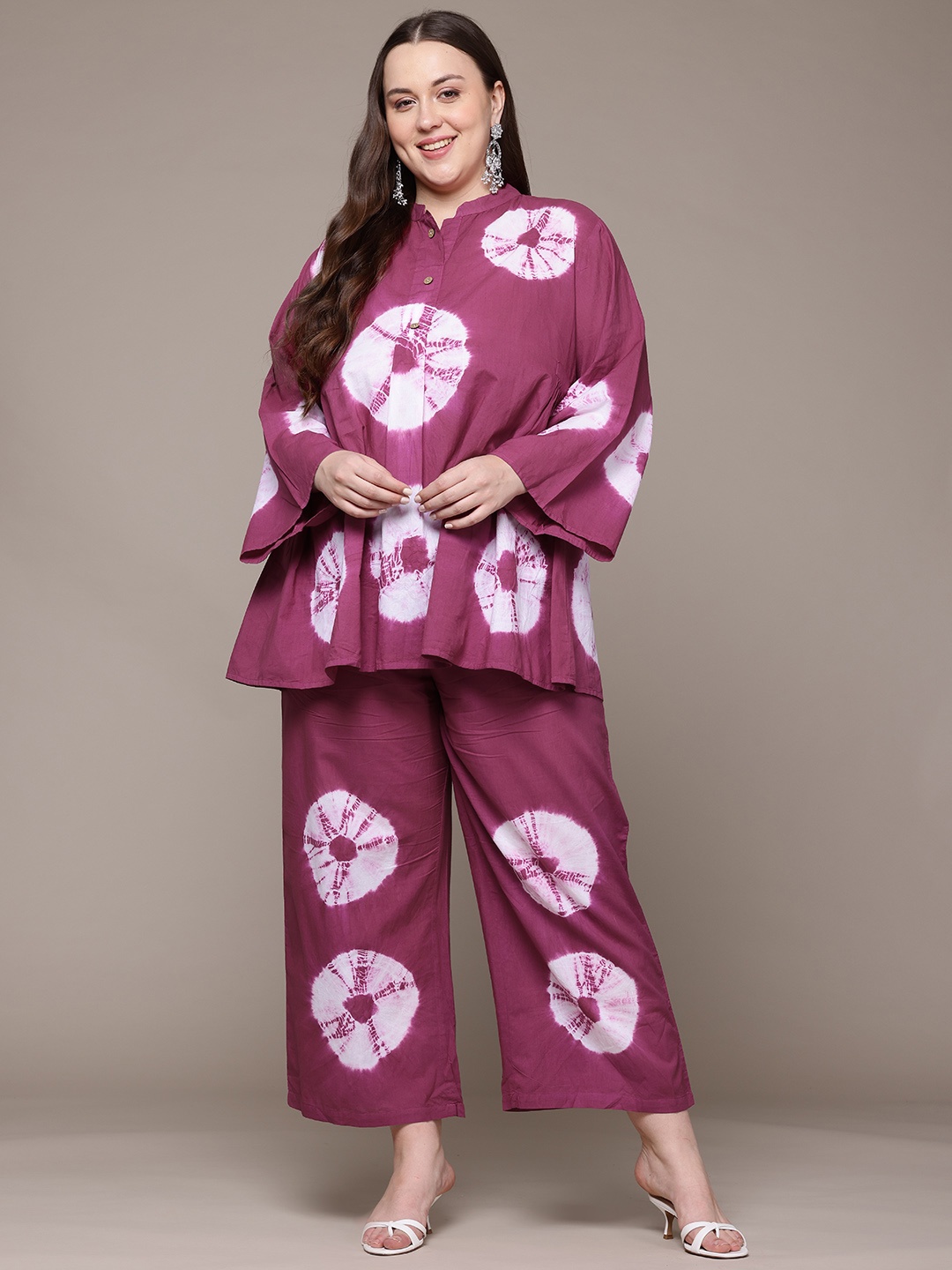 

Readiprint Plus Size Tie & Dye Dyed Pure Cotton Top With Palazzos, Purple