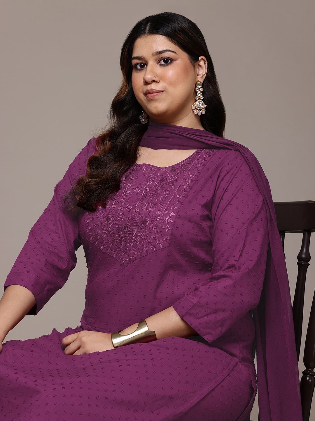 Readiprint Plus Size Floral Thread Work Pure Cotton Kurta Set, Purple