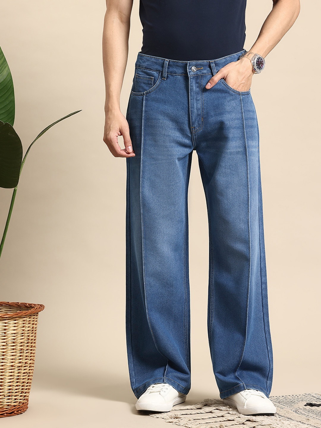 

Mast & Harbour Men Wide Leg Panelled Jeans, Navy blue
