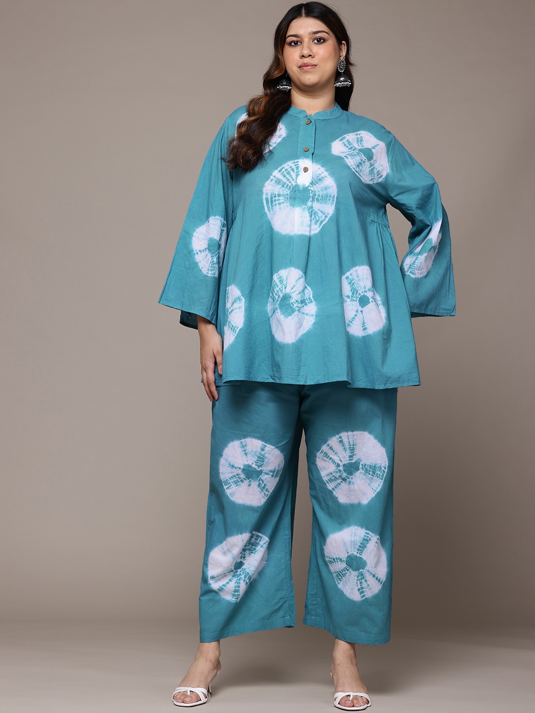 

Readiprint Plus Size Tie & Dye Dyed Pure Cotton Top With Palazzos, Blue