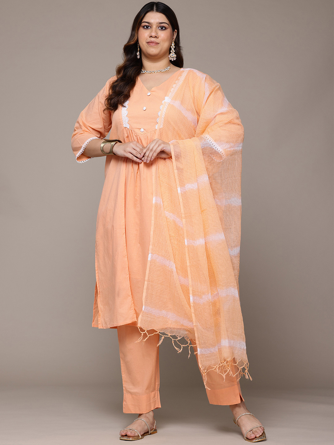 

Readiprint Plus Size Floral Yoke Design Pleated Pure Cotton Kurta Set, Peach