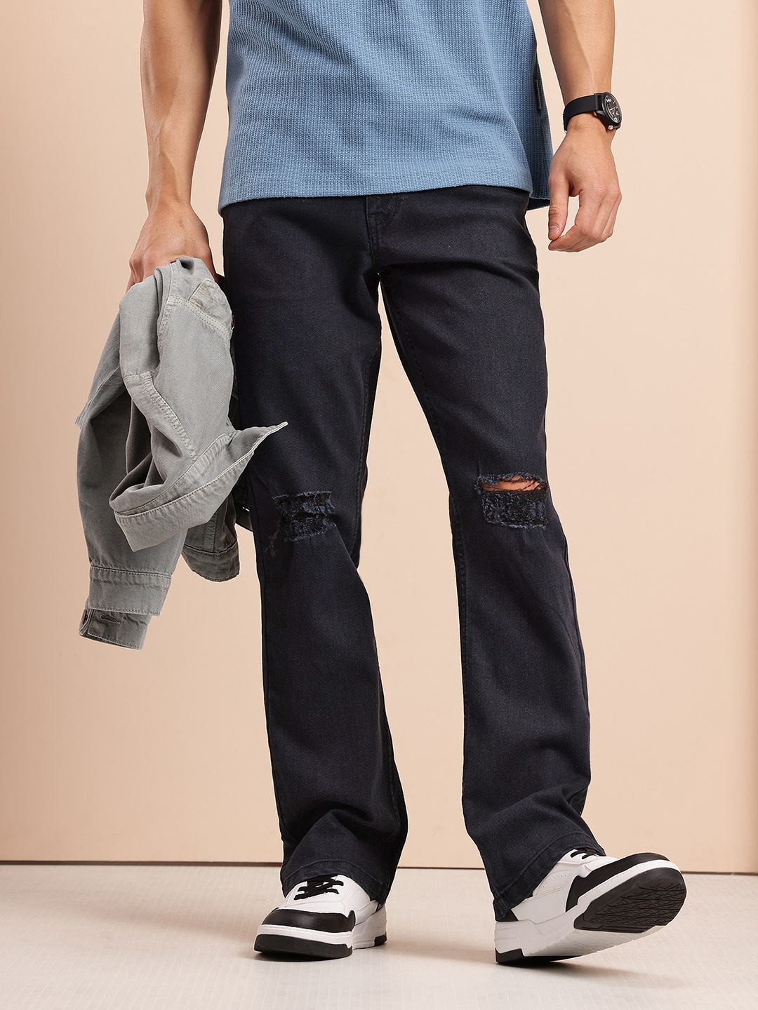 

Mast & Harbour Men Bootcut Fit Ripped Jeans, Black