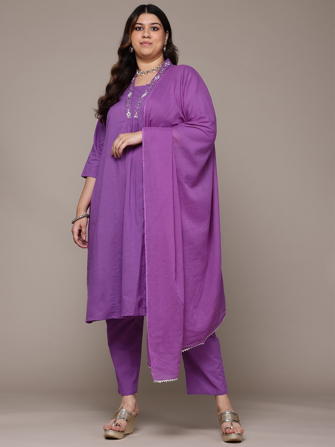 Readiprint Plus Size Floral Yoke Design Pleated Thread Work Pure Cotton Kurta Set, Purple