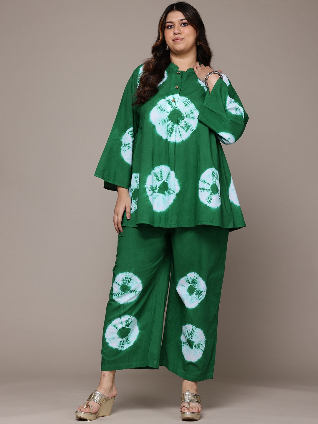 

Readiprint Plus Size Tie & Dye Dyed Pure Cotton Top With Palazzos, Green