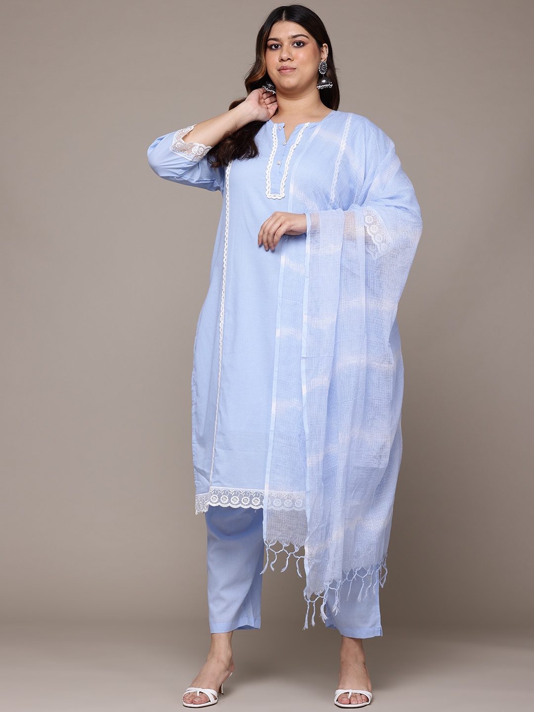 

Readiprint Plus Size Panelled Pure Cotton Kurta With Trousers & Dupatta, Blue