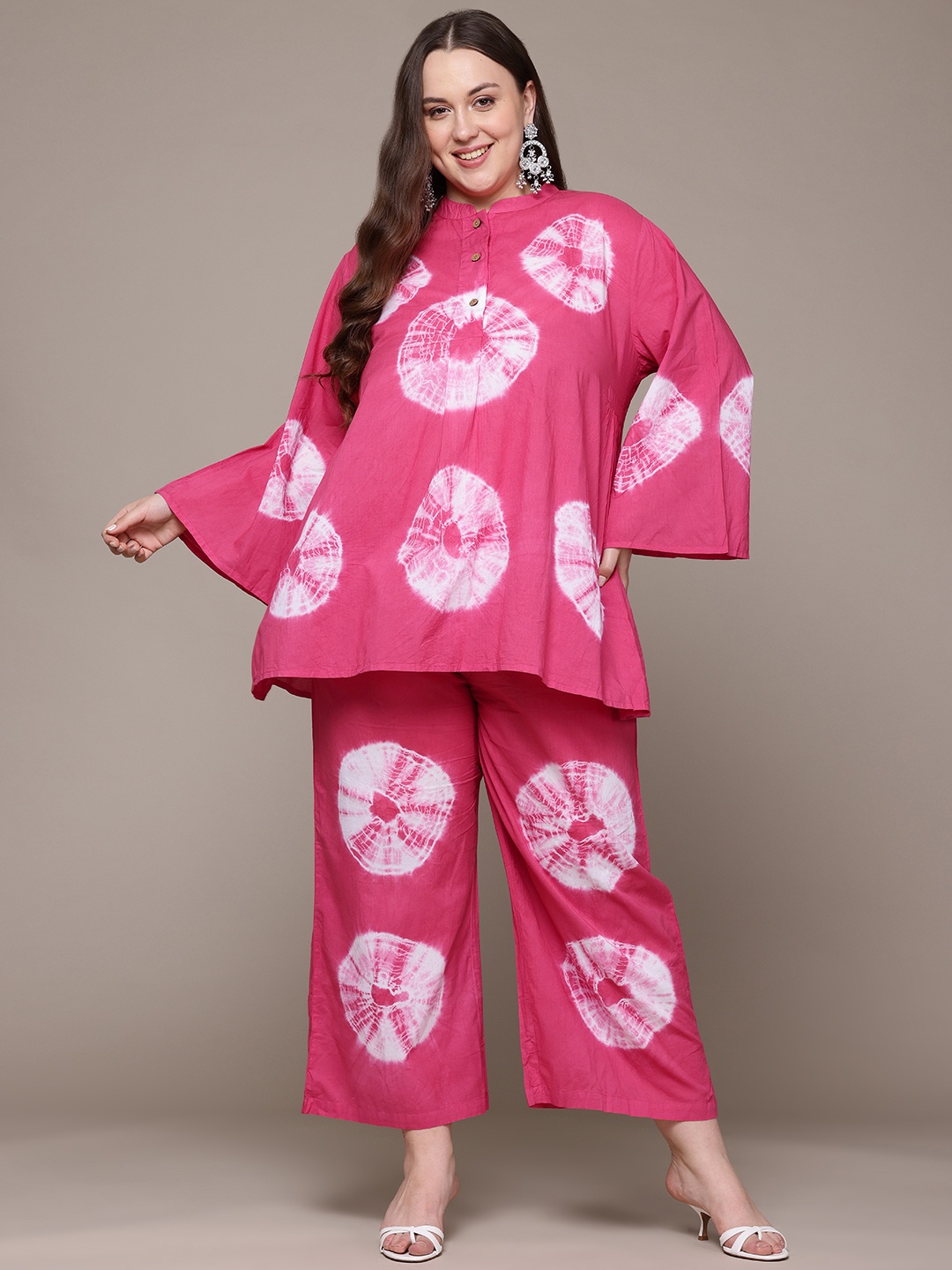 

Readiprint Plus Size Tie & Dye Dyed Pure Cotton Top With Palazzos, Pink