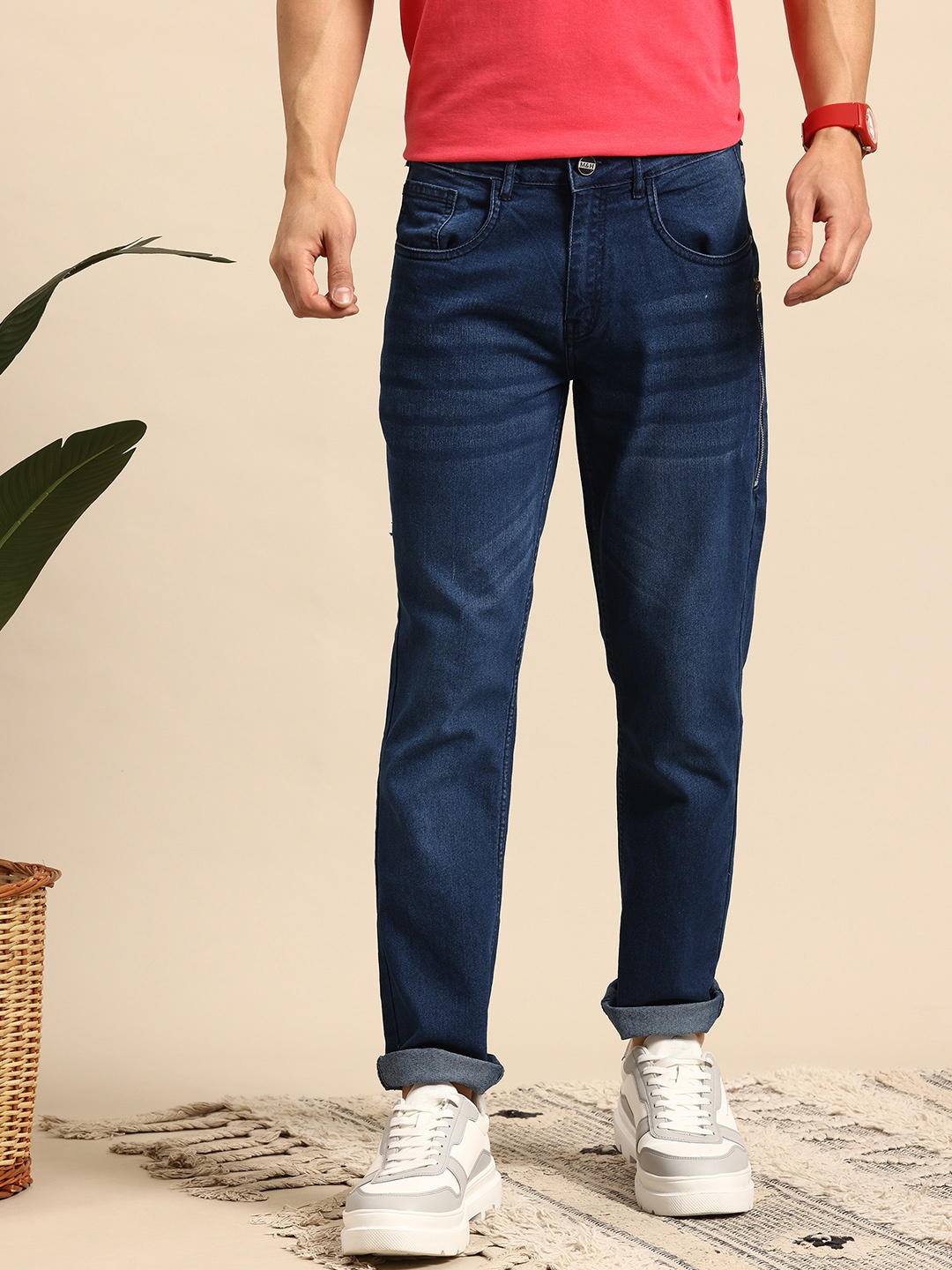 

Mast & Harbour Men Slim Fit Zip Detail Jeans, Navy blue