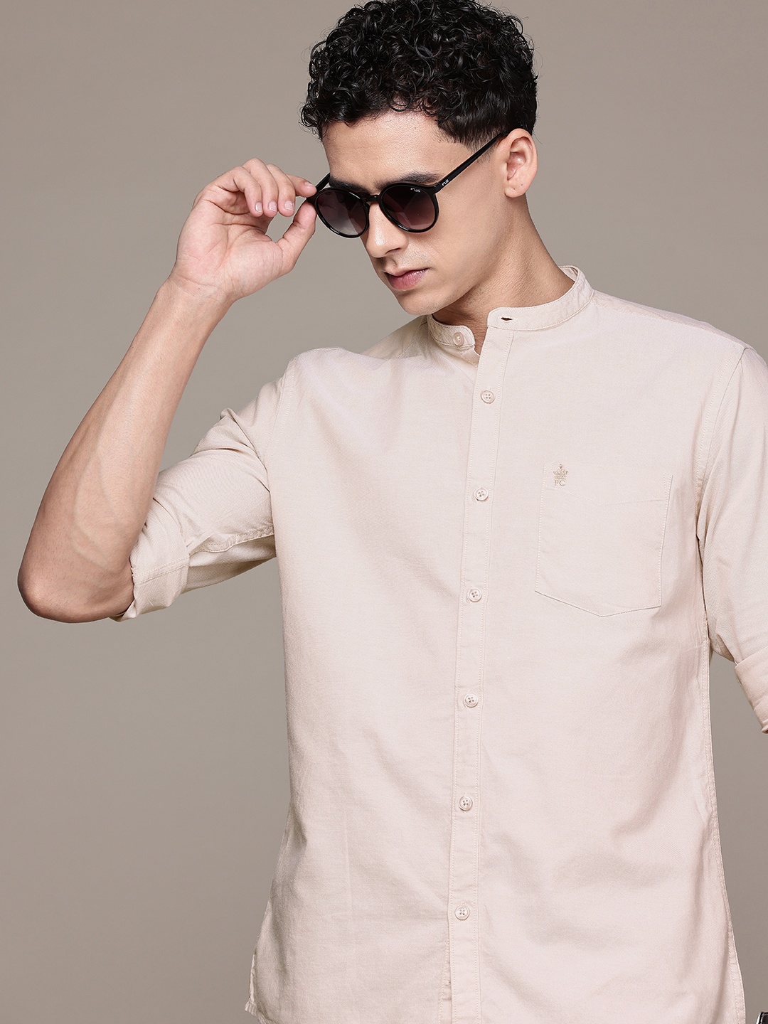 

French Connection Pure Cotton Slim Fit Roll-Up Sleeves Casual Shirt, Beige