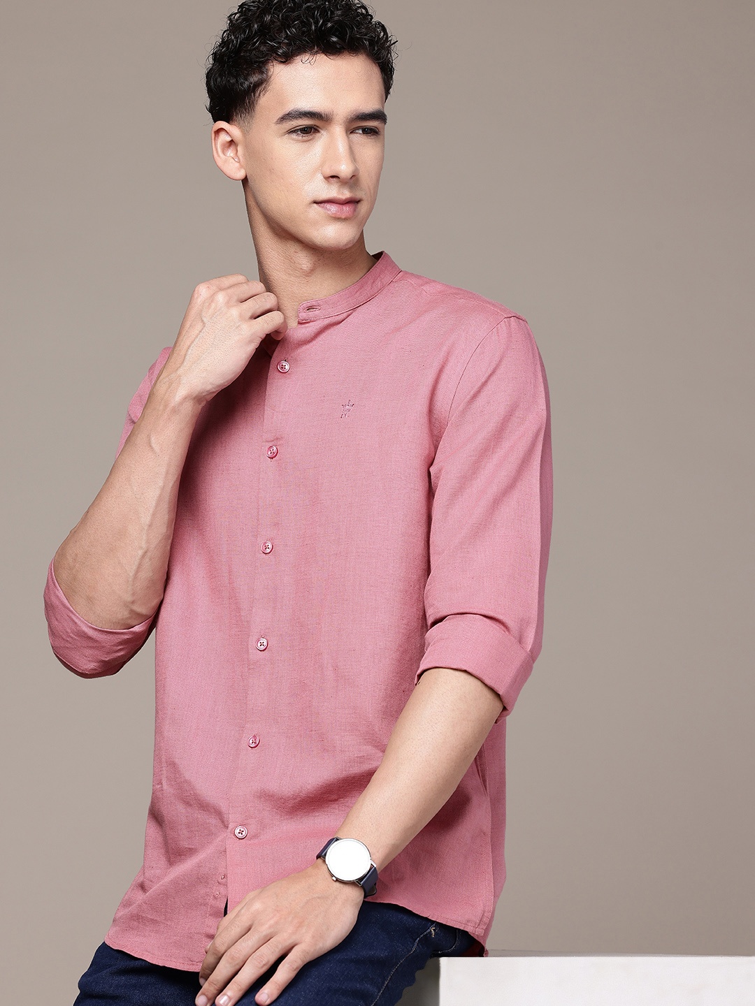 

French Connection Cotton Linen Band Collar Slim Fit Casual Shirt, Pink