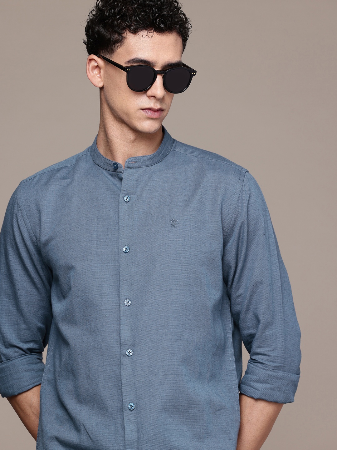 

French Connection Cotton Linen Band Collar Slim Fit Casual Shirt, Blue