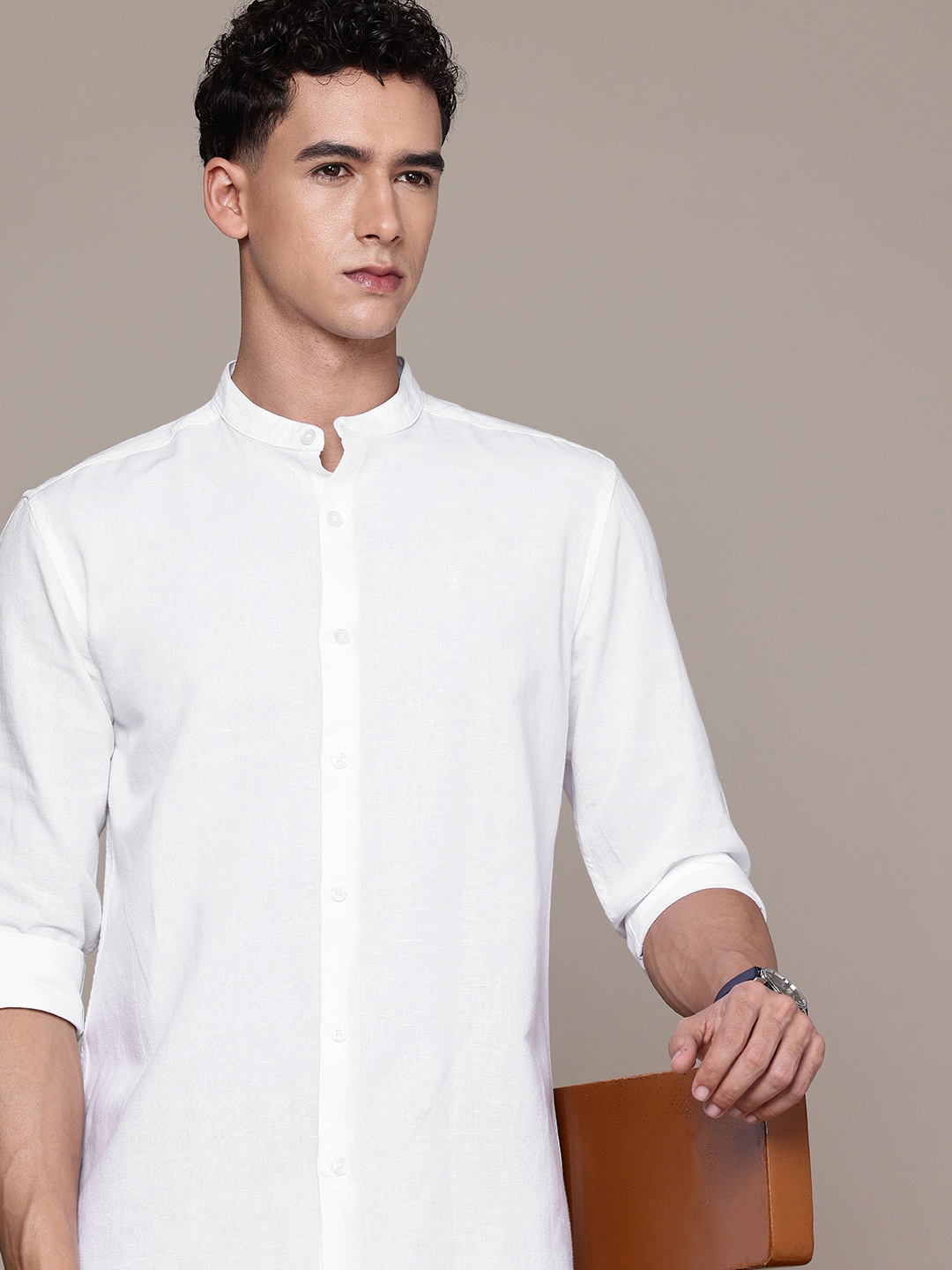 

French Connection Slim Fit Band Collar Cotton Linen Casual Shirt, White