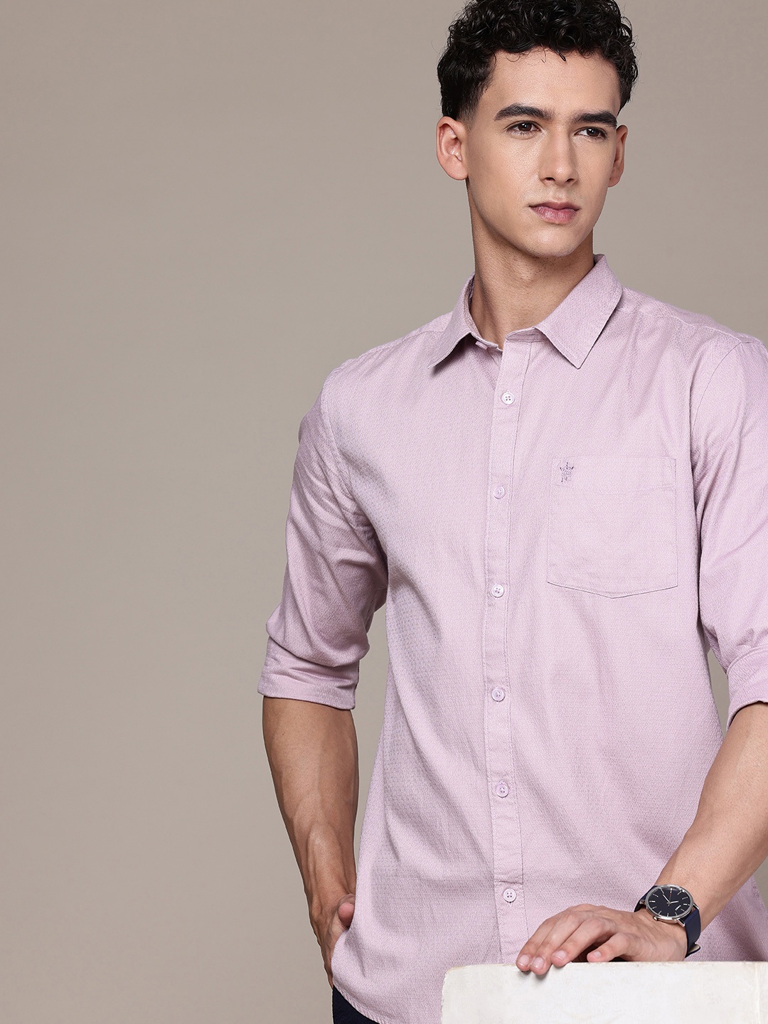 

French Connection Slim Fit Textured Pure Cotton Casual Shirt, Mauve