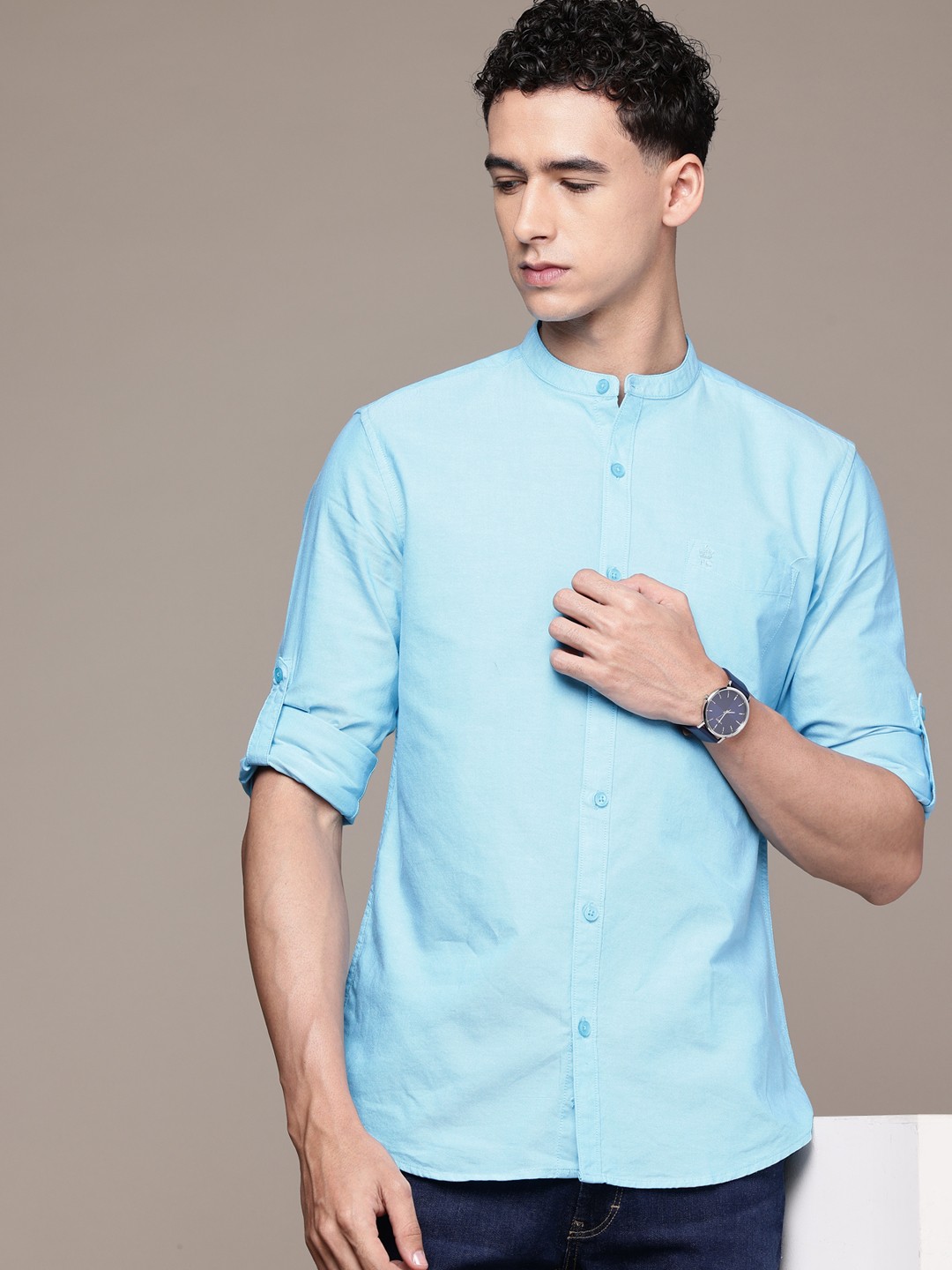 

French Connection Pure Cotton Slim Fit Roll-Up Sleeves Casual Shirt, Blue