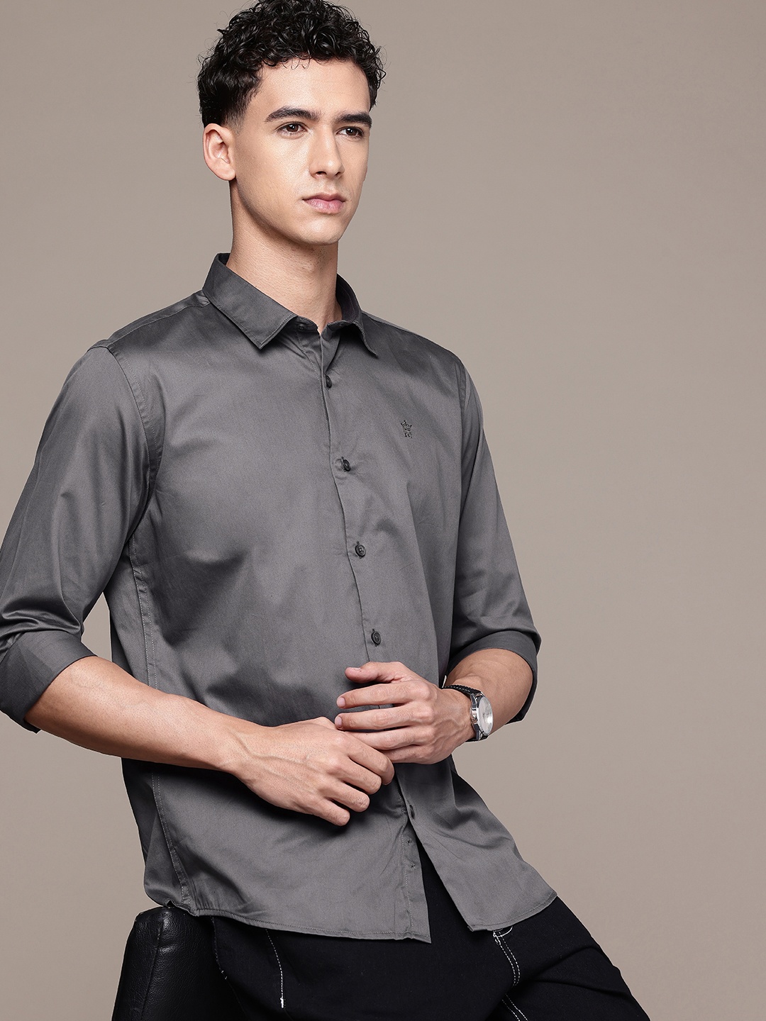 

French Connection Slim Fit Pure Cotton Casual Shirt, Charcoal