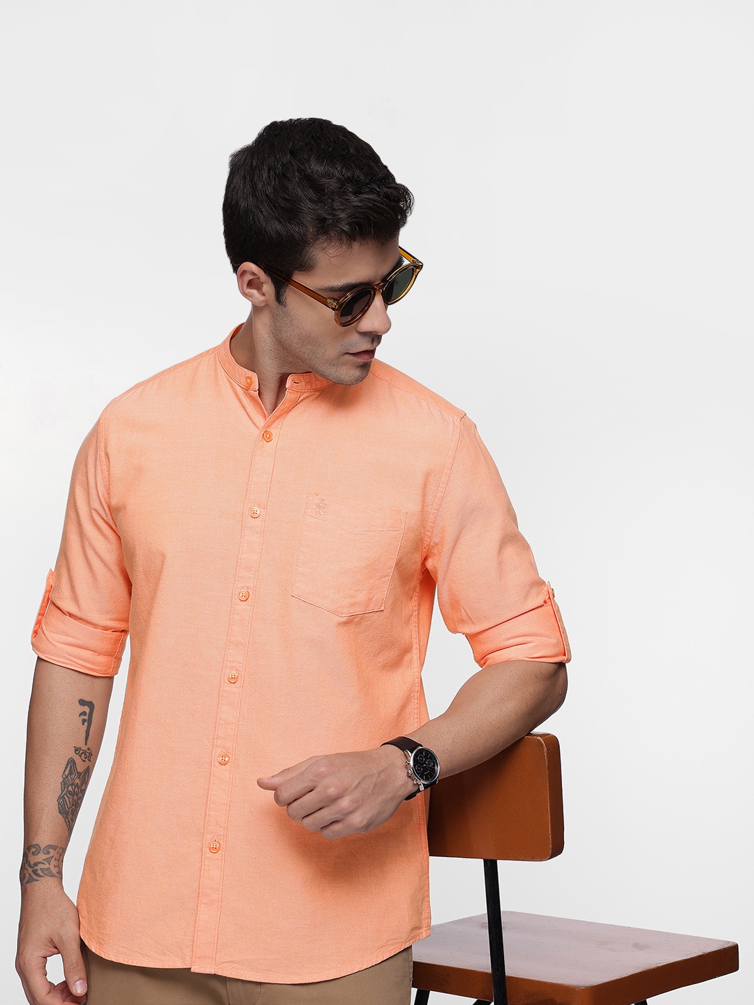 

French Connection Pure Cotton Slim Fit Roll-Up Sleeves Casual Shirt, Orange