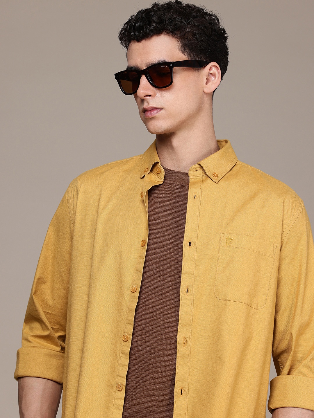 

French Connection Button-Down Collar Slim Fit Casual Shirt, Mustard